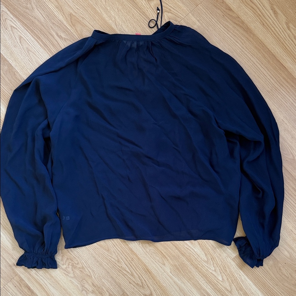 H & M Navy Blue Ruffle Long Sleeve Blouse Top Small Sheer Loose Fit - Picture 6 of 6